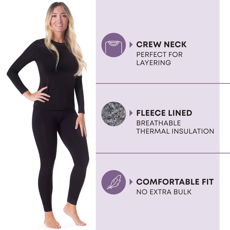 Rocky Thermal Underwear Women Long Johns Womens Thermals Top Bottom Set Fleece Lined Under Wear Clothes Base Layer Thermals, XX-Large, Black - Image 2